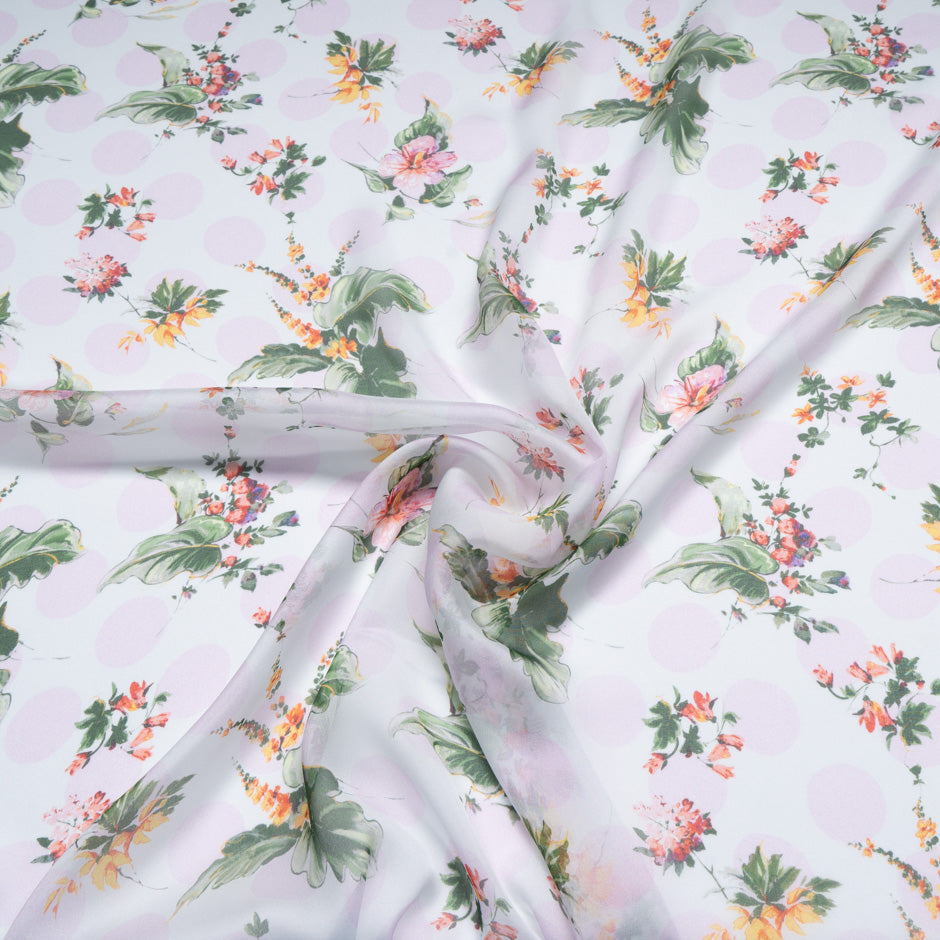 Floral & Spot Printed White Pure Silk Chiffon
