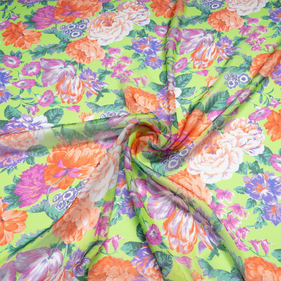 Multi Floral Printed Bright Green Pure Silk Chiffon