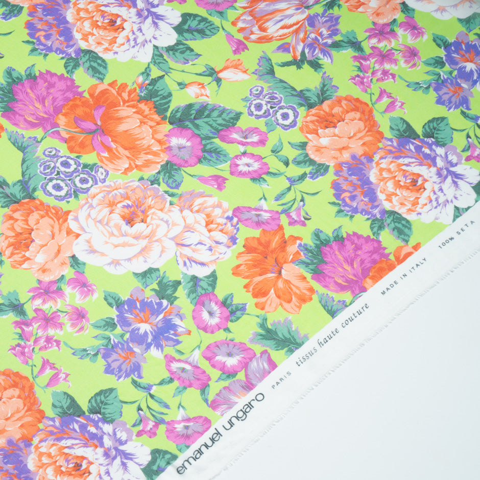 Multi Floral Printed Bright Green Pure Silk Chiffon