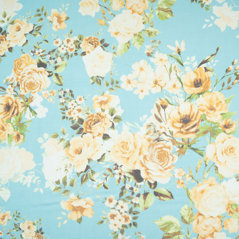 Yellow Floral Printed Blue Pure Silk Chiffon