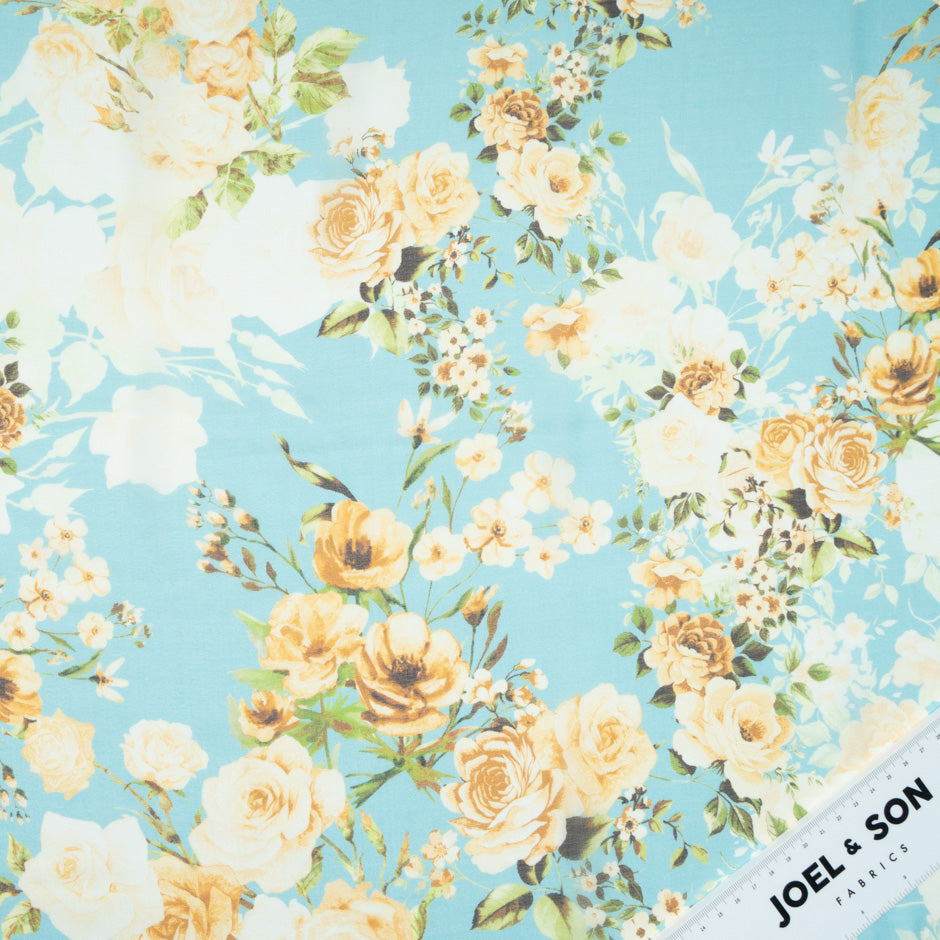 Yellow Floral Printed Blue Pure Silk Chiffon