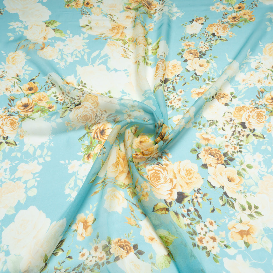 Yellow Floral Printed Blue Pure Silk Chiffon