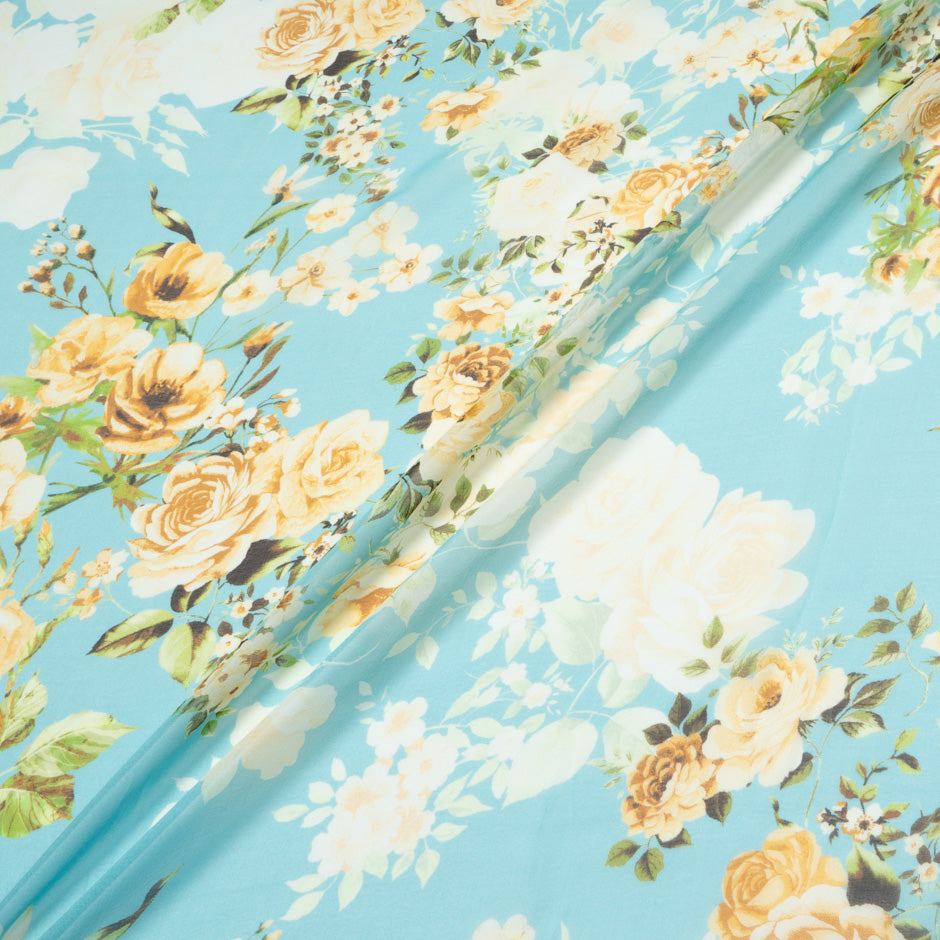 Yellow Floral Printed Blue Pure Silk Chiffon