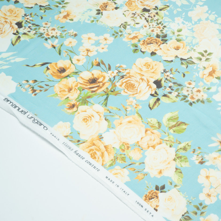 Yellow Floral Printed Blue Pure Silk Chiffon