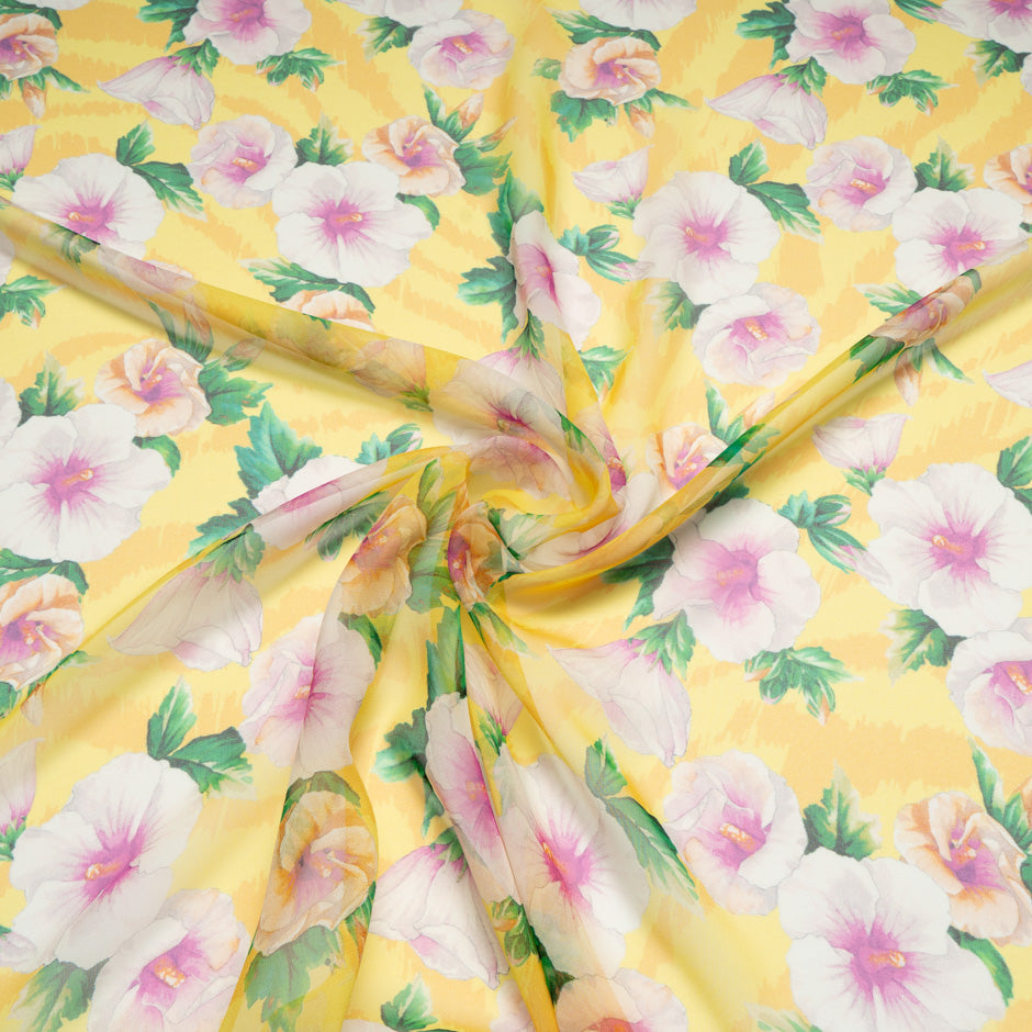 Pink Floral Printed Yellow Pure Silk Chiffon