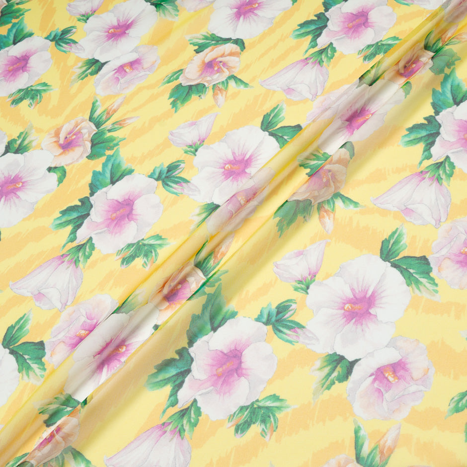 Pink Floral Printed Yellow Pure Silk Chiffon