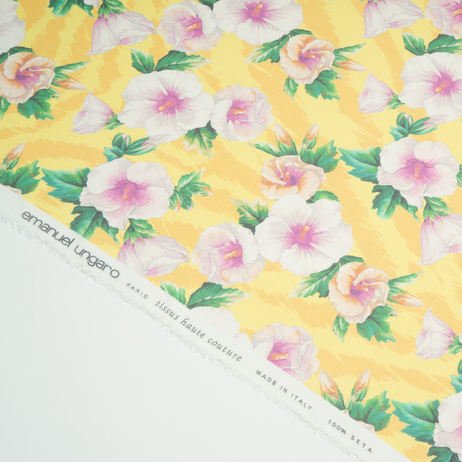 Pink Floral Printed Yellow Pure Silk Chiffon