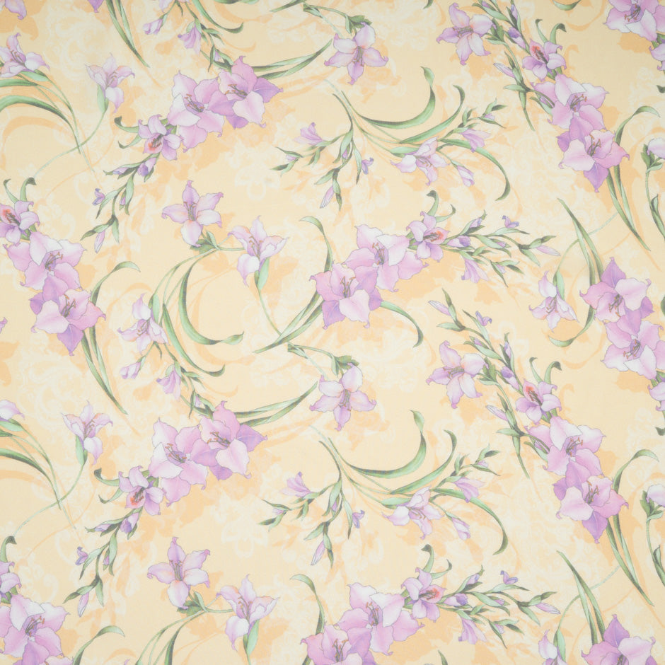 Lilac Floral Printed Yellow Pure Silk Chiffon
