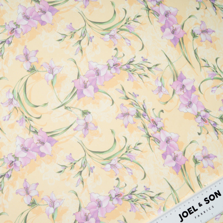 Lilac Floral Printed Yellow Pure Silk Chiffon