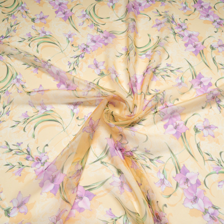 Lilac Floral Printed Yellow Pure Silk Chiffon