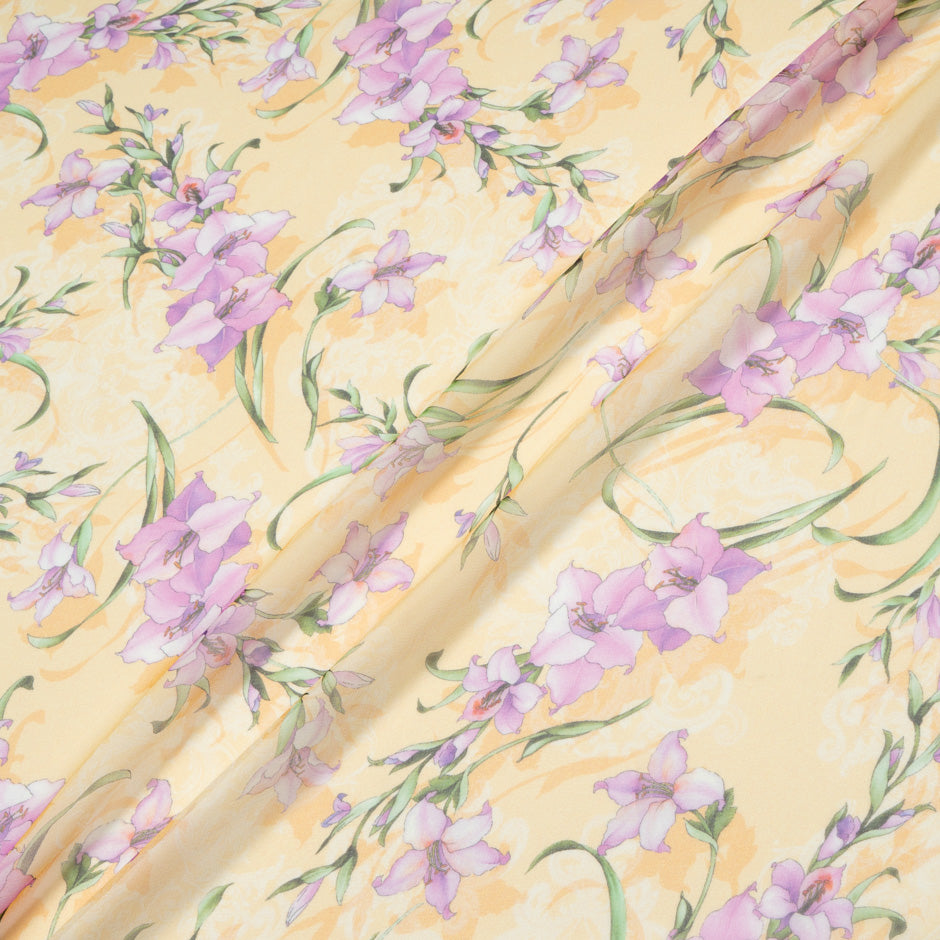 Lilac Floral Printed Yellow Pure Silk Chiffon