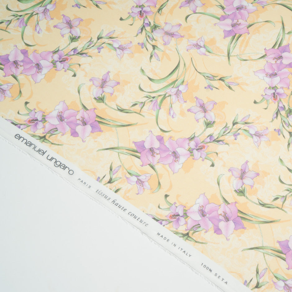 Lilac Floral Printed Yellow Pure Silk Chiffon