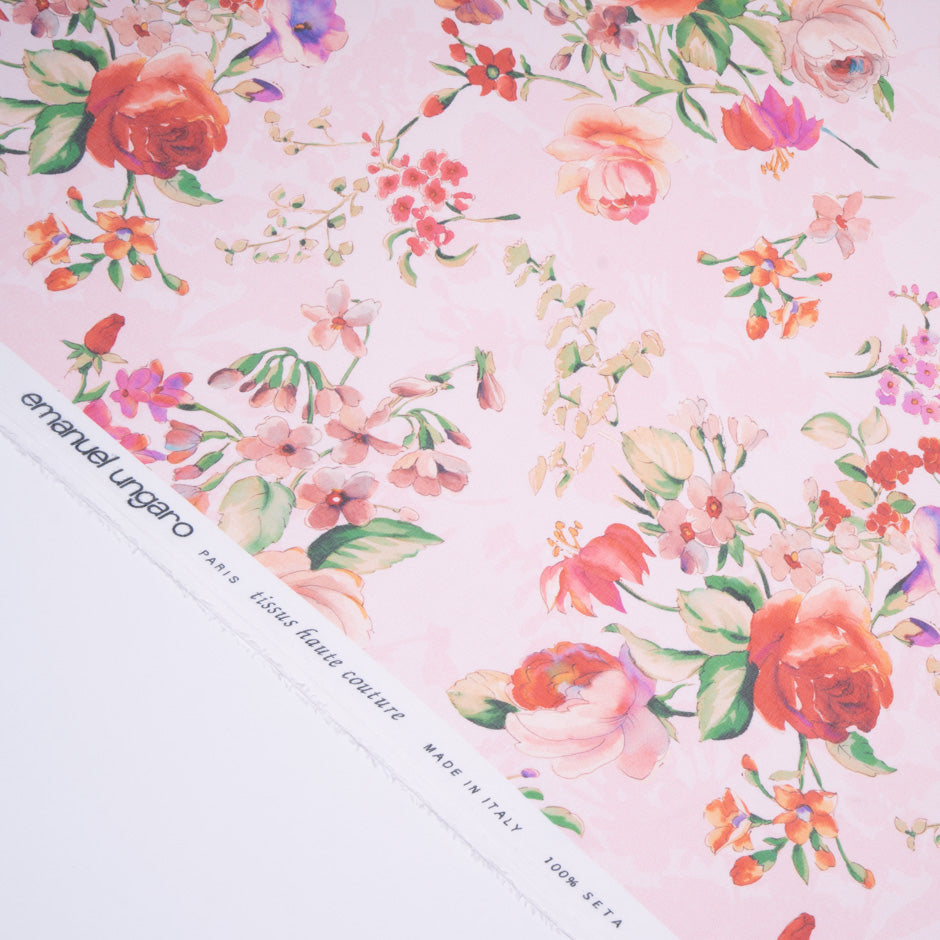 Multi Floral Printed Soft Pink Pure Silk Chiffon
