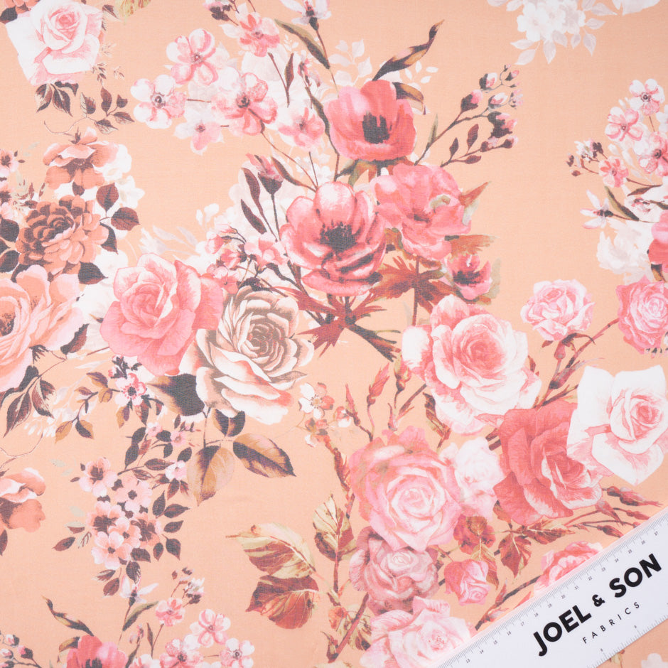 Coral Floral Printed Peach Pure Silk Chiffon