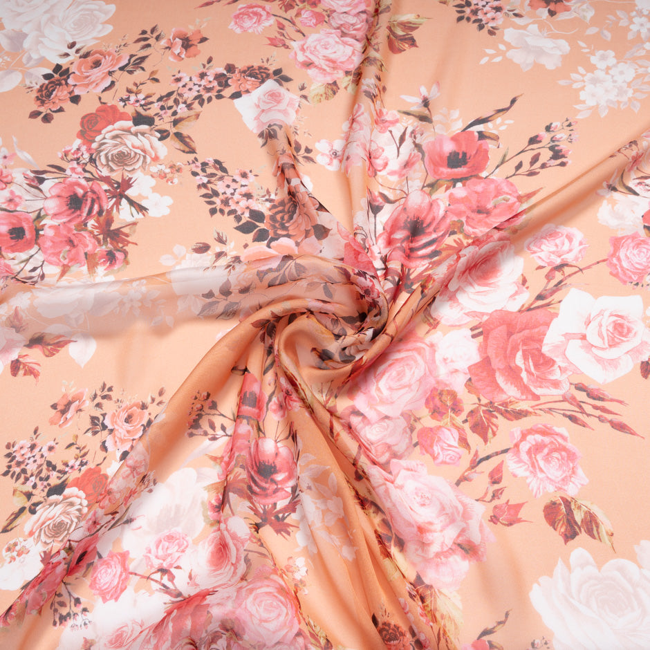 Coral Floral Printed Peach Pure Silk Chiffon