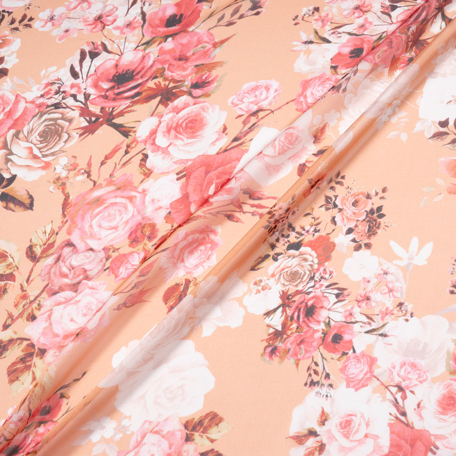 Coral Floral Printed Peach Pure Silk Chiffon