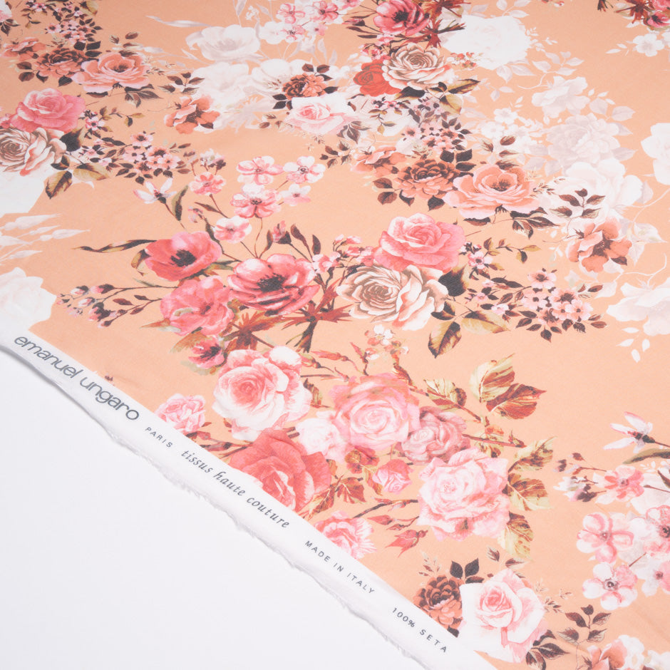 Coral Floral Printed Peach Pure Silk Chiffon