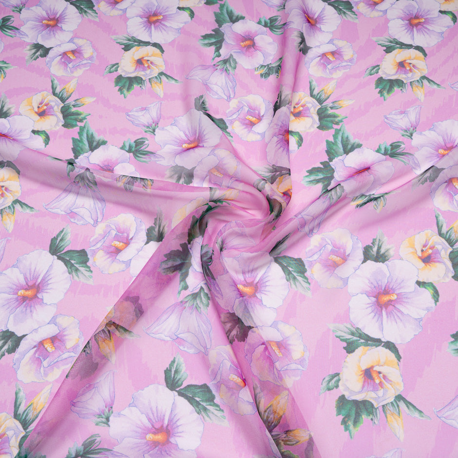 Pink Floral Printed Pink Pure Silk Chiffon
