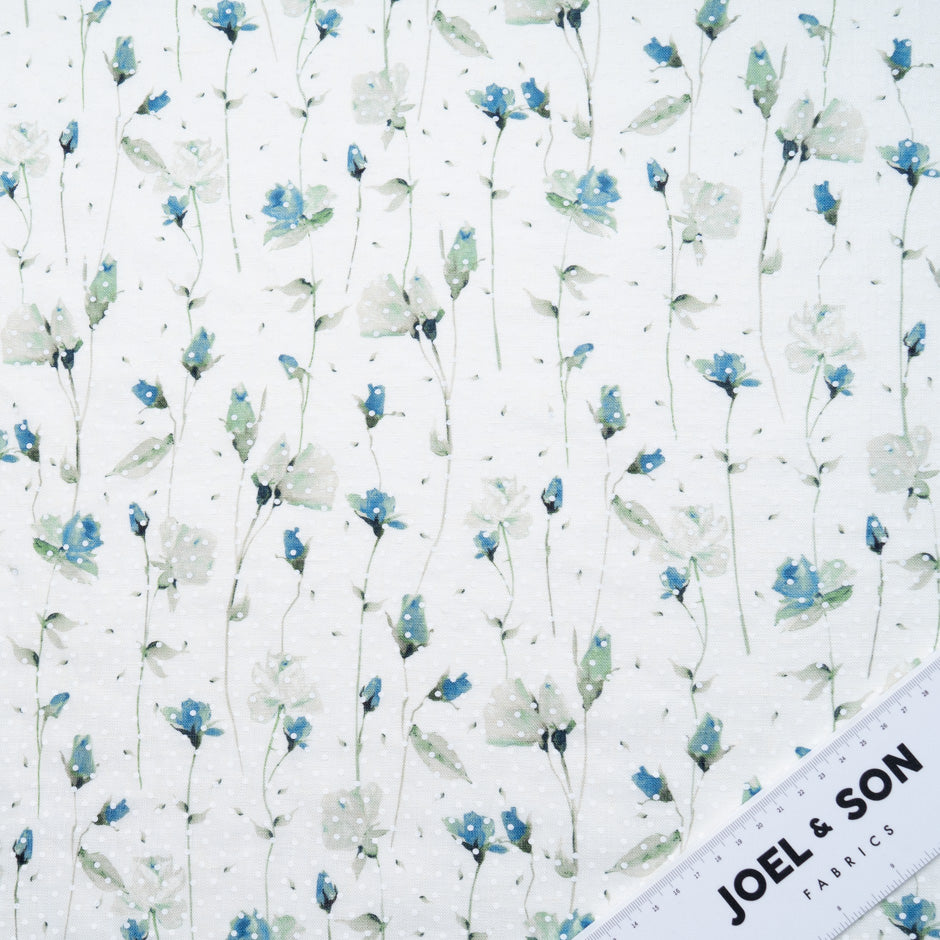 Blue Floral Vision Printed White Linen