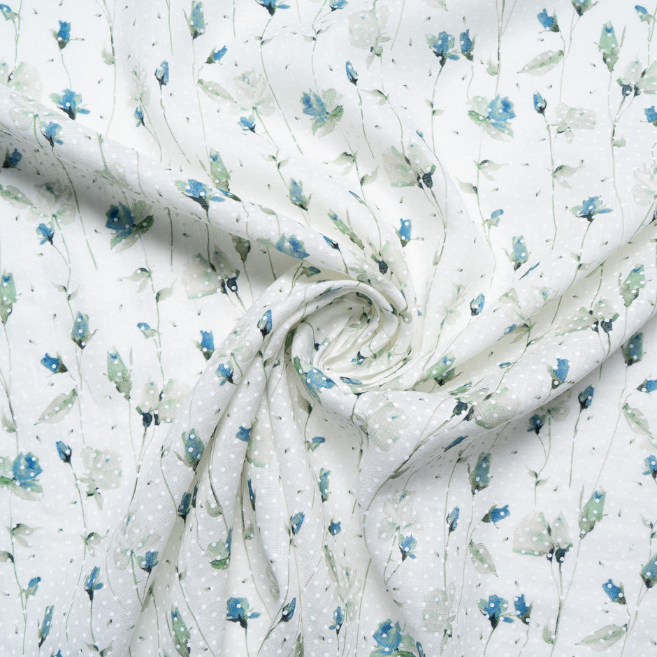 Blue Floral Vision Printed White Linen