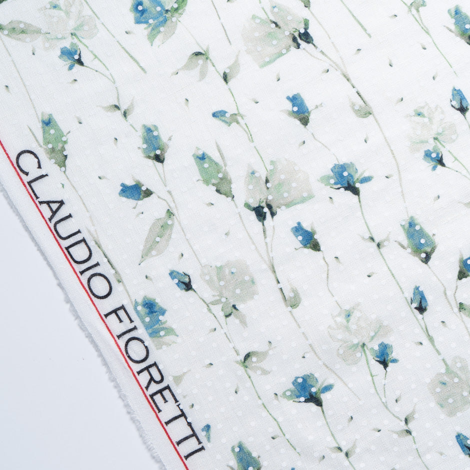 Blue Floral Vision Printed White Linen