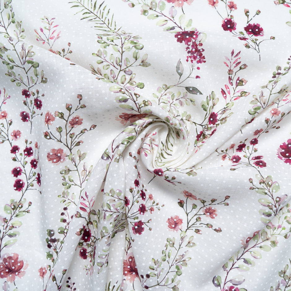 Cherry Red Floral Vision Printed Ivory Linen