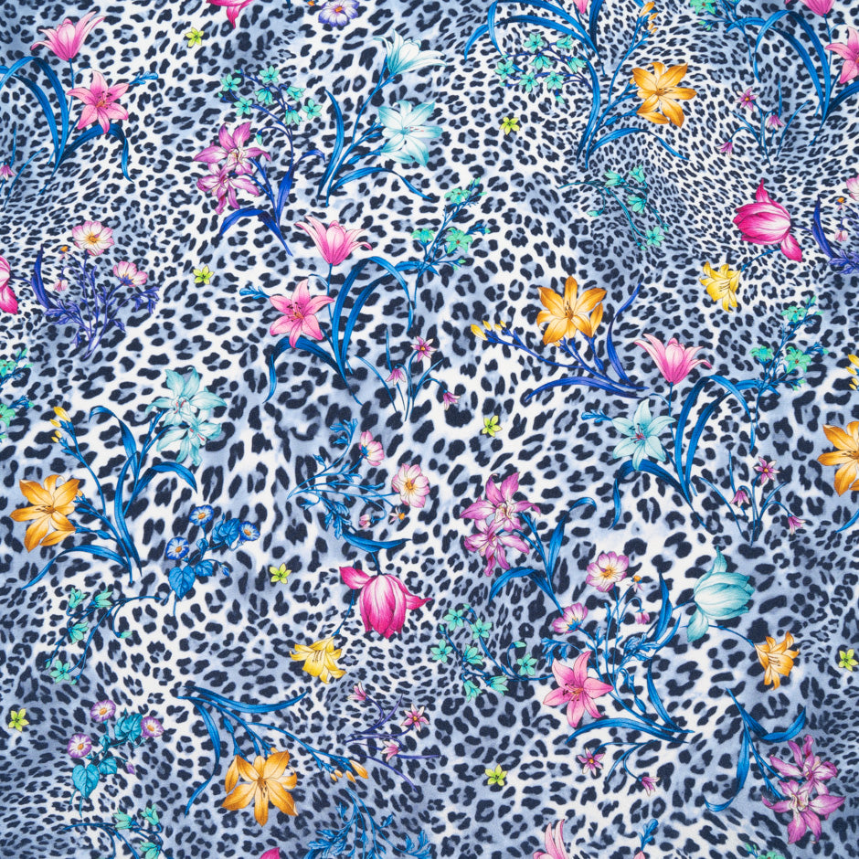 Floral & Blue Animal Printed Silk Crêpe de Chine