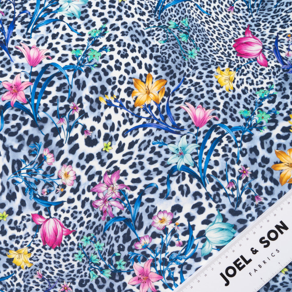 Floral & Blue Animal Printed Silk Crêpe de Chine