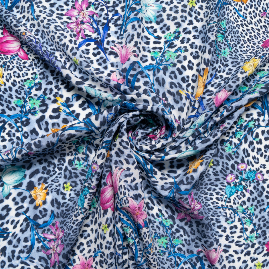Floral & Blue Animal Printed Silk Crêpe de Chine