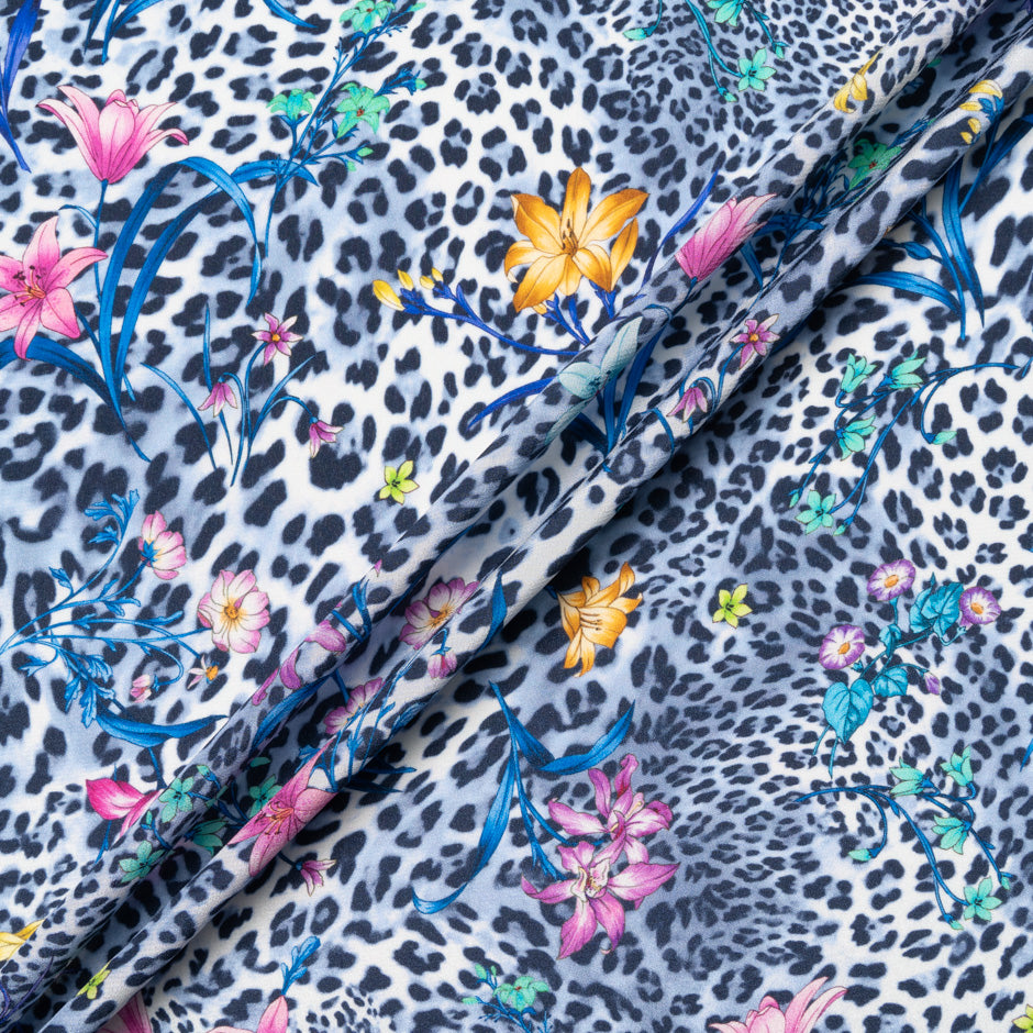 Floral & Blue Animal Printed Silk Crêpe de Chine