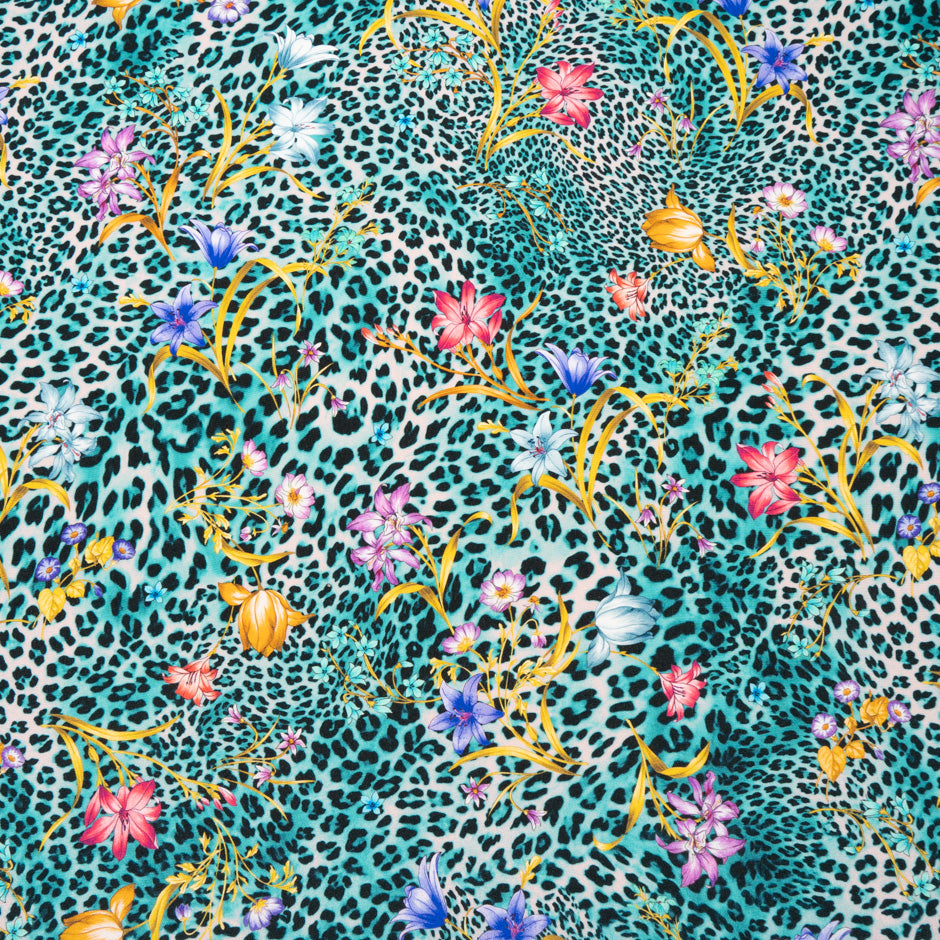 Floral & Turquoise Animal Printed Silk Crêpe de Chine