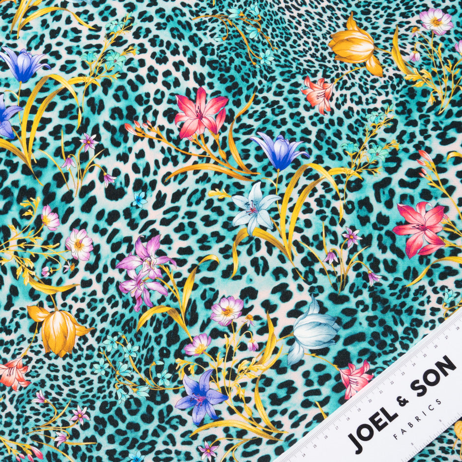 Floral & Turquoise Animal Printed Silk Crêpe de Chine