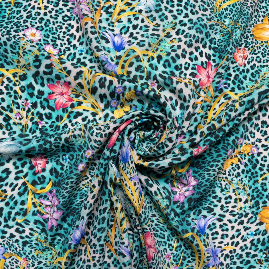 Floral & Turquoise Animal Printed Silk Crêpe de Chine