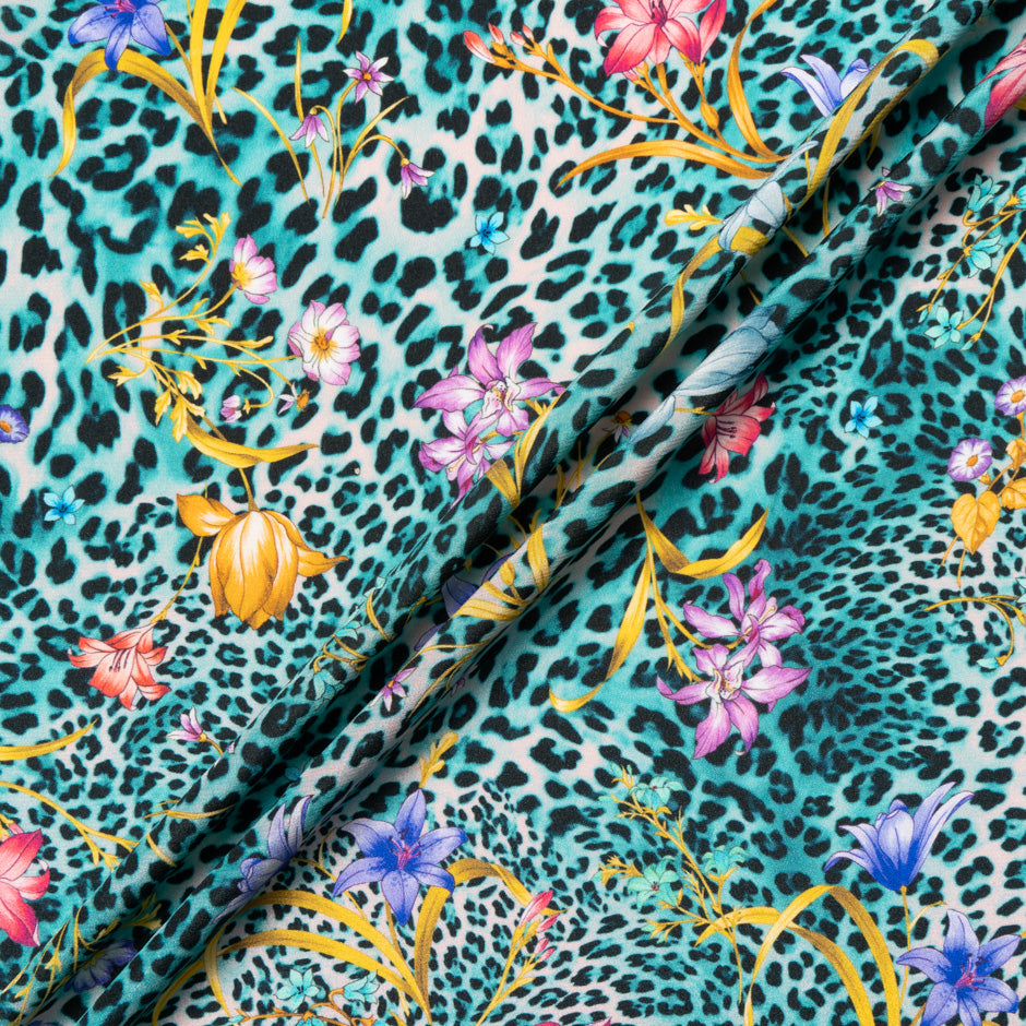 Floral & Turquoise Animal Printed Silk Crêpe de Chine
