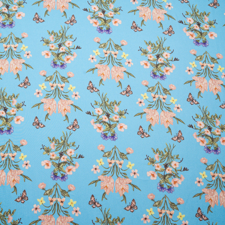 Double-Sided Floral Printed Blue Silk Twill