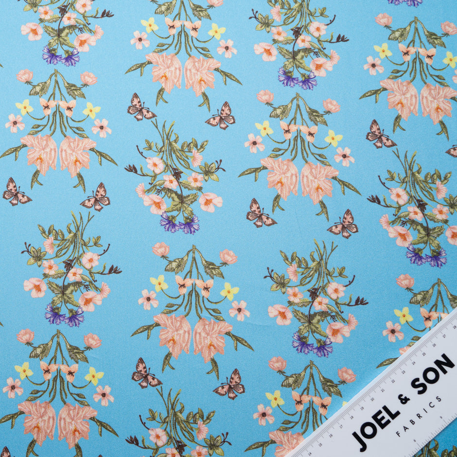 Double-Sided Floral Printed Blue Silk Twill