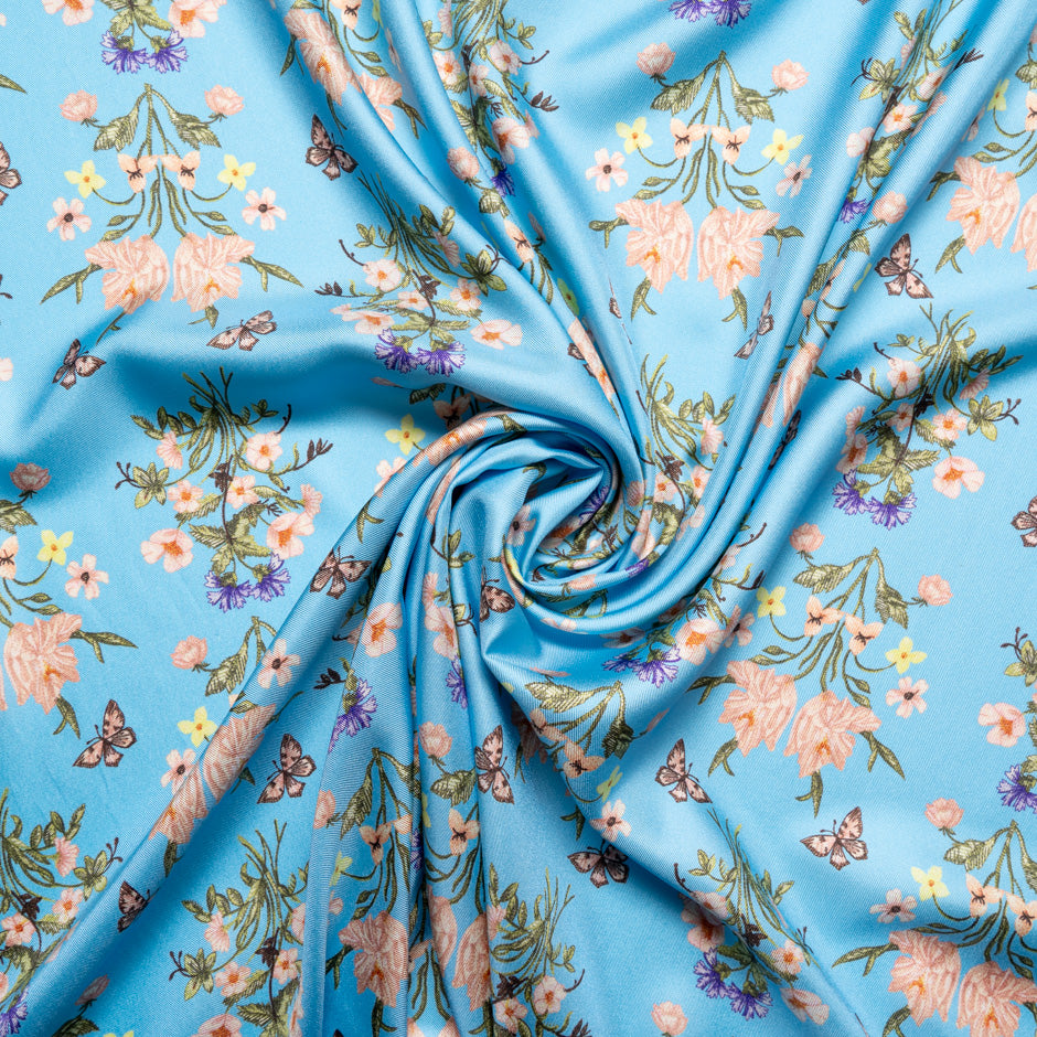 Double-Sided Floral Printed Blue Silk Twill