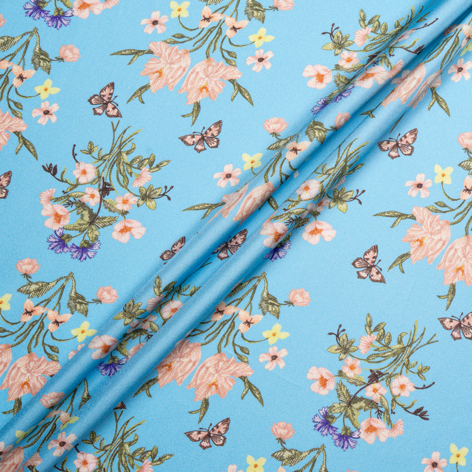 Double-Sided Floral Printed Blue Silk Twill