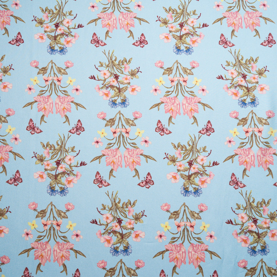 Double-Sided Floral Printed Blue Silk Twill