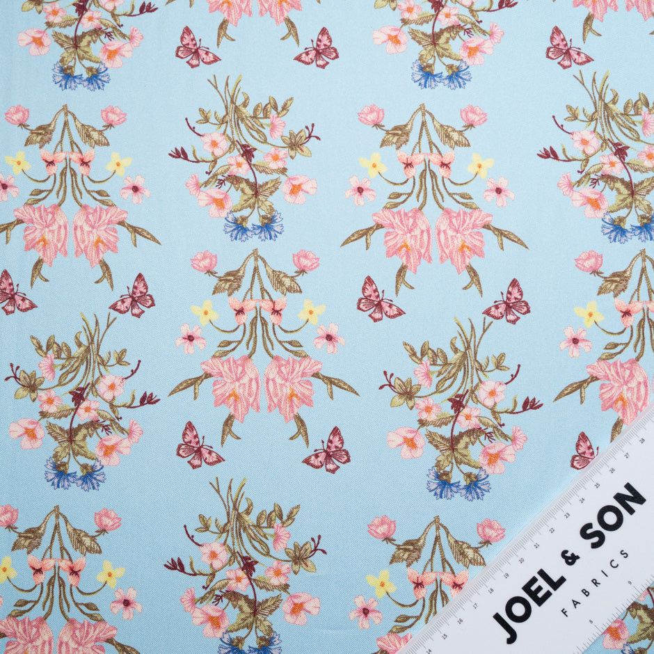 Double-Sided Floral Printed Blue Silk Twill