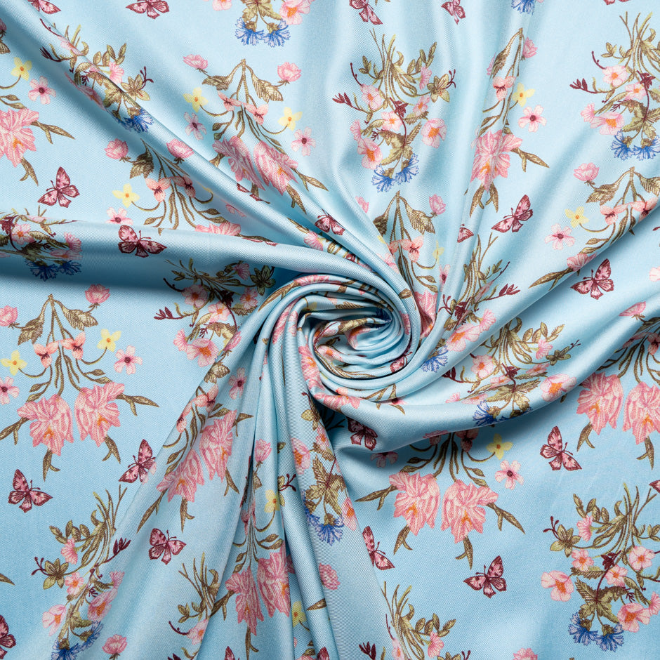 Double-Sided Floral Printed Blue Silk Twill