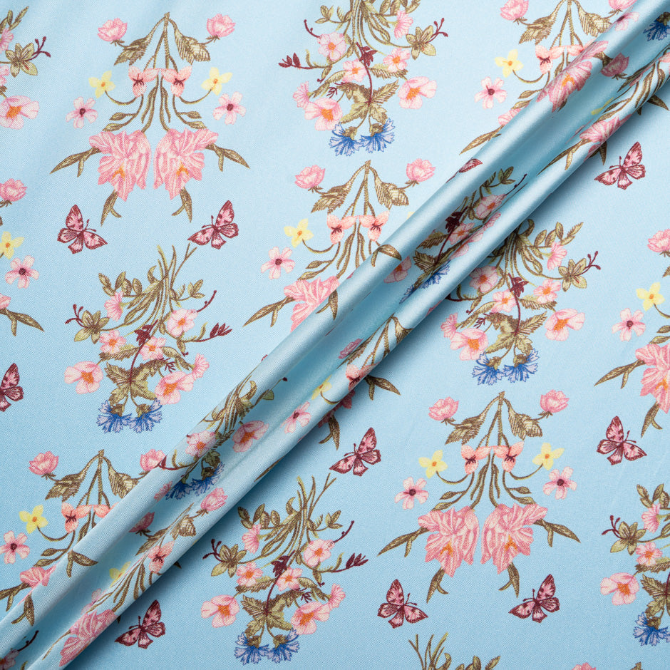 Double-Sided Floral Printed Blue Silk Twill