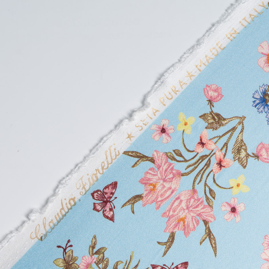 Double-Sided Floral Printed Blue Silk Twill