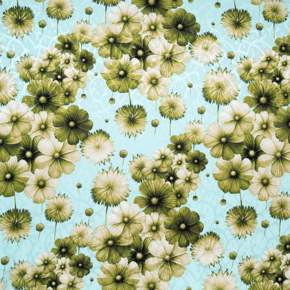 Green Floral Printed Blue Silk Jacquard