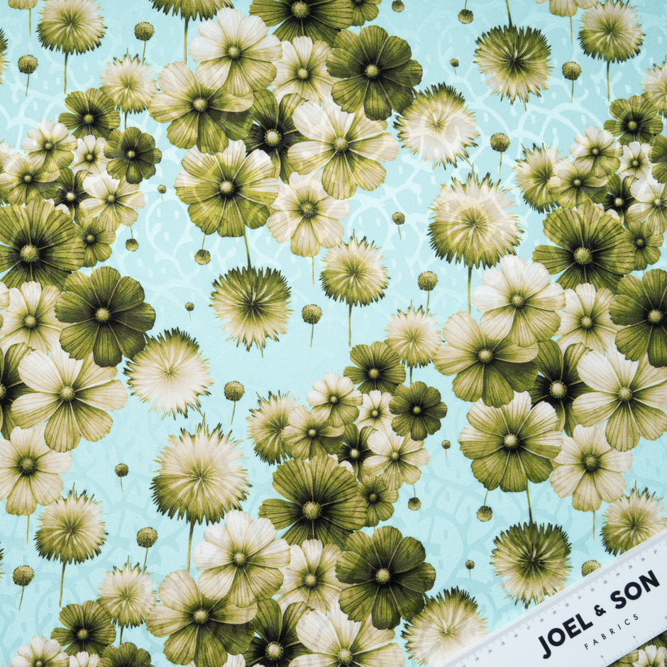 Green Floral Printed Blue Silk Jacquard