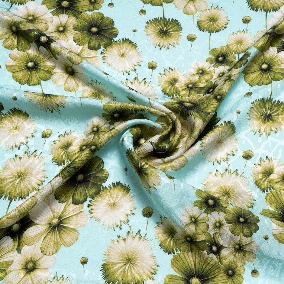 Green Floral Printed Blue Silk Jacquard
