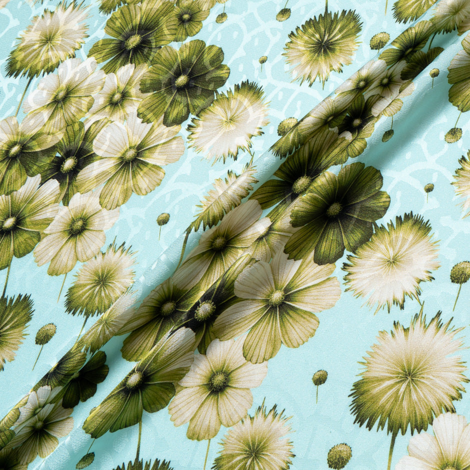 Green Floral Printed Blue Silk Jacquard