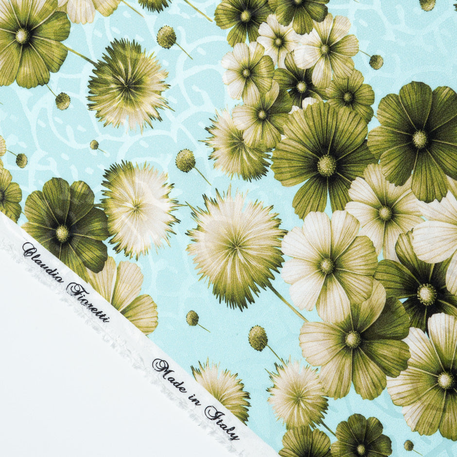 Green Floral Printed Blue Silk Jacquard
