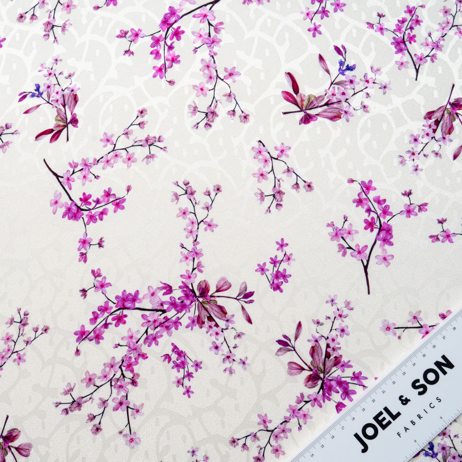 Magenta Floral Printed Ivory Silk Jacquard