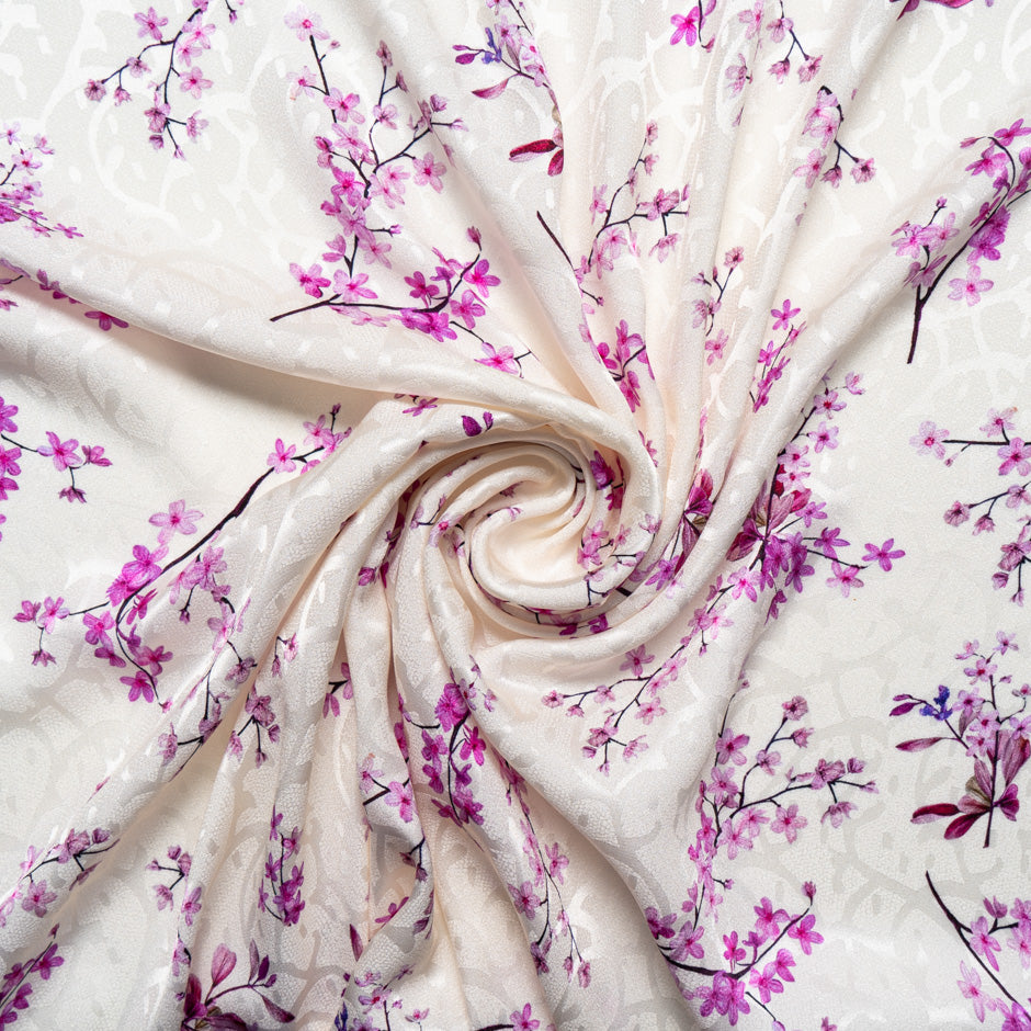 Magenta Floral Printed Ivory Silk Jacquard